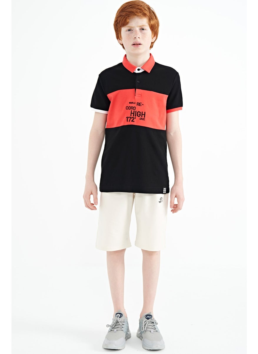 Black Color Transitional Embroidery Detailed Standard Pattern Polo Collar Boy T-Shirt - 11110
