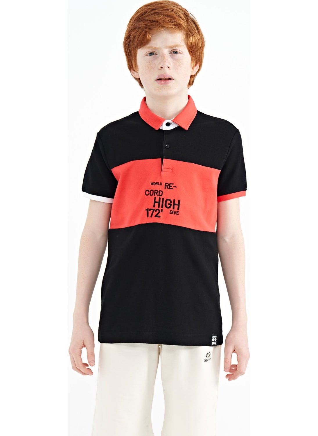 Black Color Transitional Embroidery Detailed Standard Pattern Polo Collar Boy T-Shirt - 11110