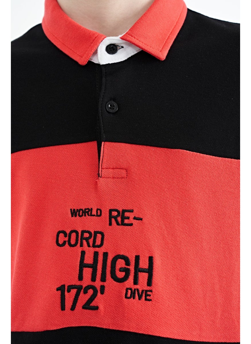 Black Color Transitional Embroidery Detailed Standard Pattern Polo Collar Boy T-Shirt - 11110