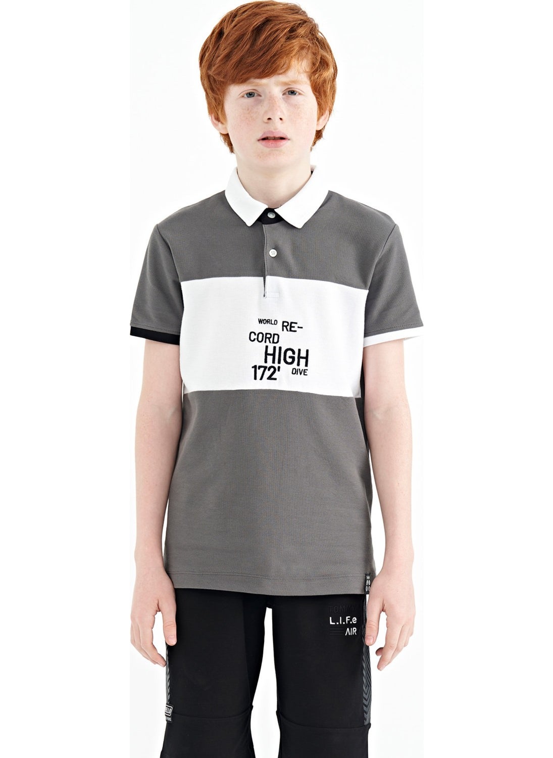 Dark Gray Color Transitional Embroidery Detailed Standard Pattern Polo Collar Boy T-Shirt - 11110