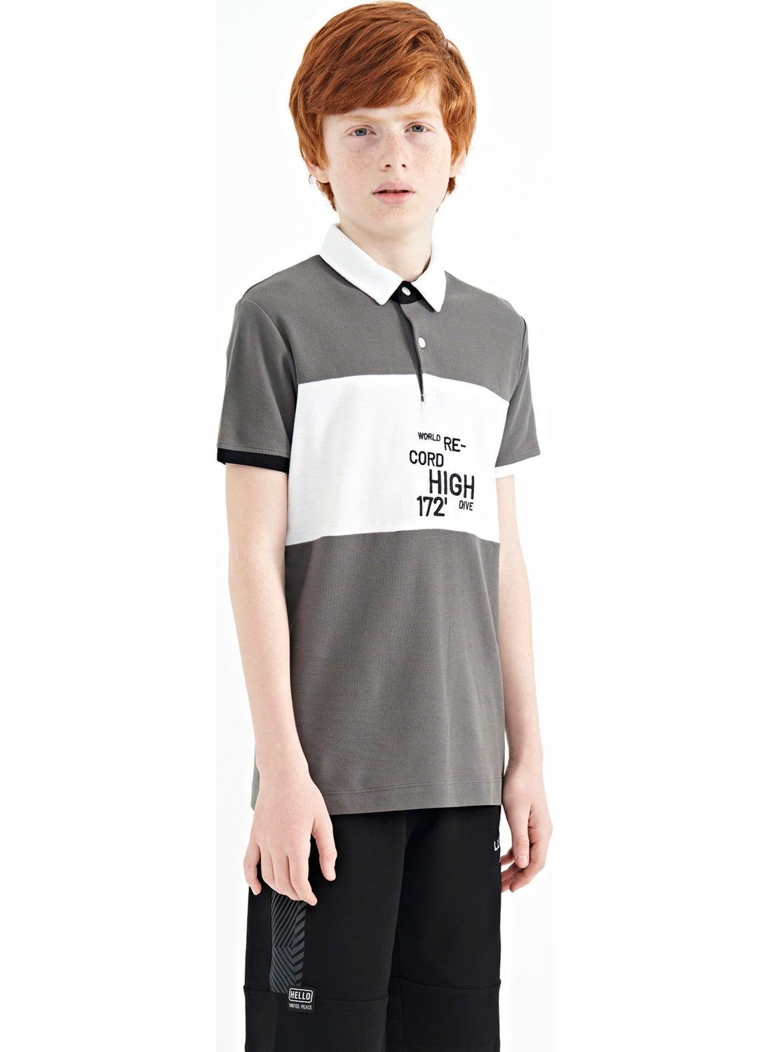 Dark Gray Color Transitional Embroidery Detailed Standard Pattern Polo Collar Boy T-Shirt - 11110
