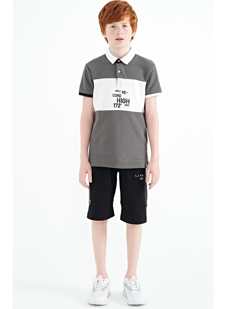 Dark Gray Color Transitional Embroidery Detailed Standard Pattern Polo Collar Boy T-Shirt - 11110