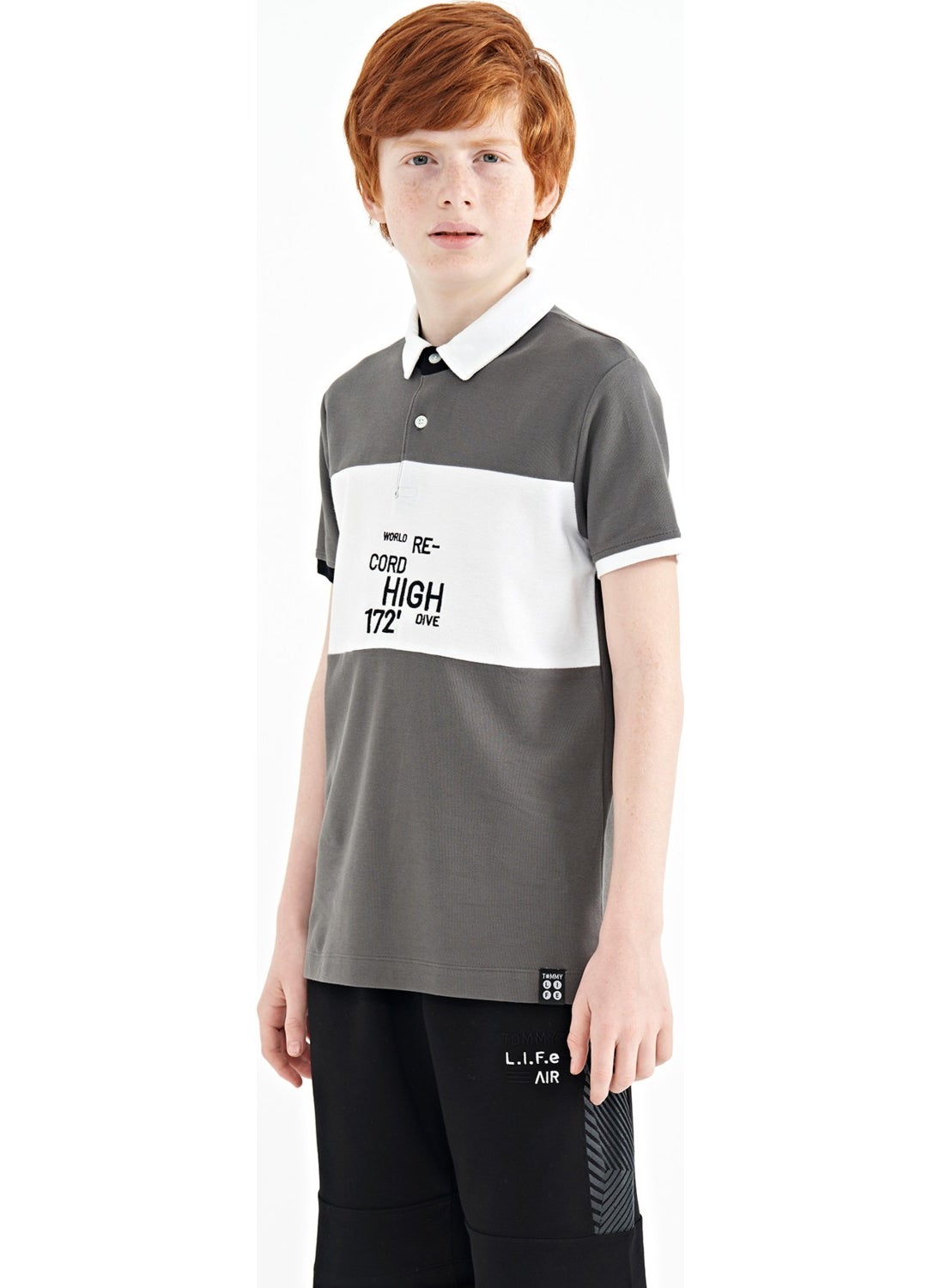 Dark Gray Color Transitional Embroidery Detailed Standard Pattern Polo Collar Boy T-Shirt - 11110