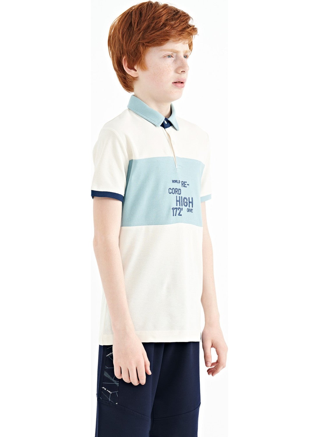 Water Green Color Transitional Embroidery Detailed Standard Pattern Polo Collar Boy T-Shirt - 11110