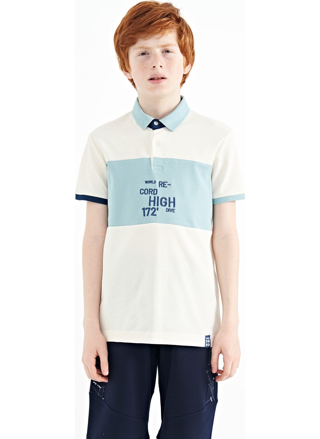 Water Green Color Transitional Embroidery Detailed Standard Pattern Polo Collar Boy T-Shirt - 11110