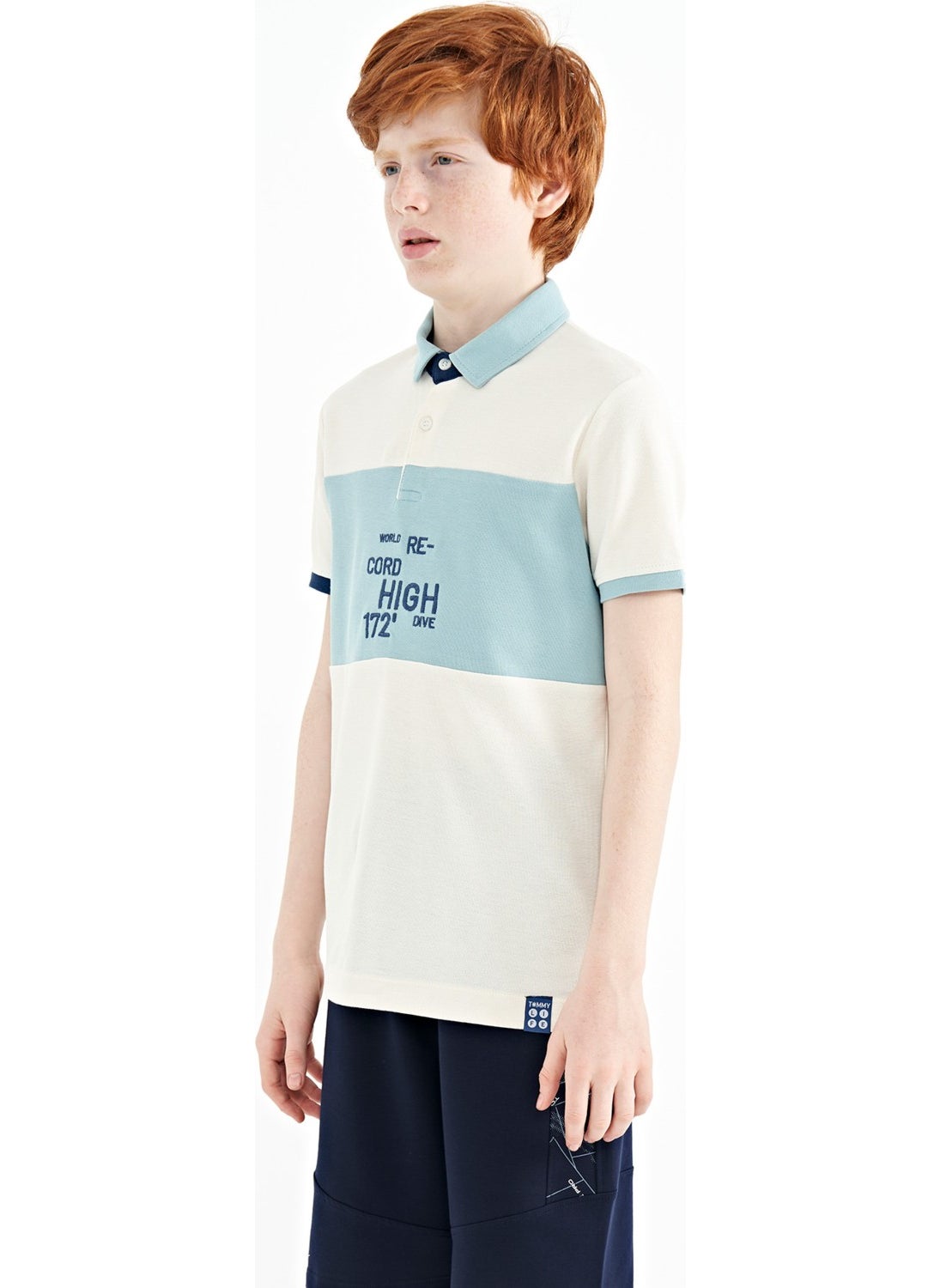 Water Green Color Transitional Embroidery Detailed Standard Pattern Polo Collar Boy T-Shirt - 11110