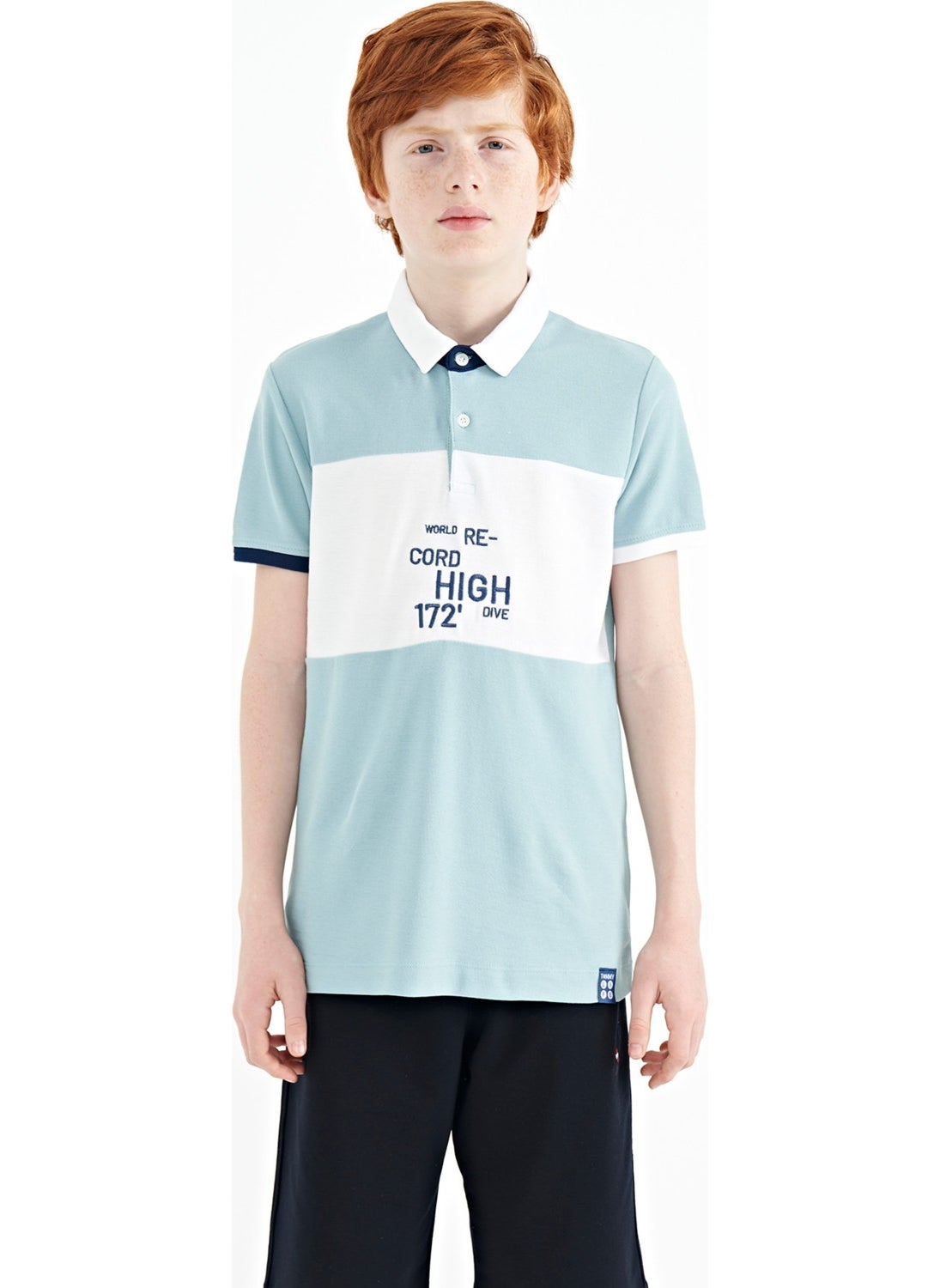 Light Blue Color Transitional Embroidery Detailed Standard Pattern Polo Collar Boy T-Shirt - 11110
