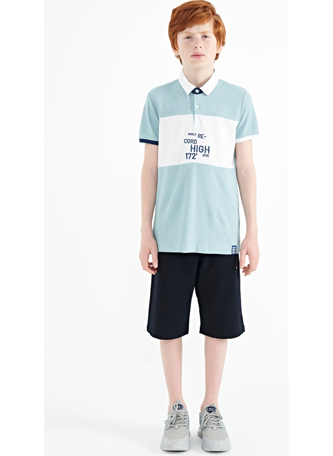 Light Blue Color Transitional Embroidery Detailed Standard Pattern Polo Collar Boy T-Shirt - 11110