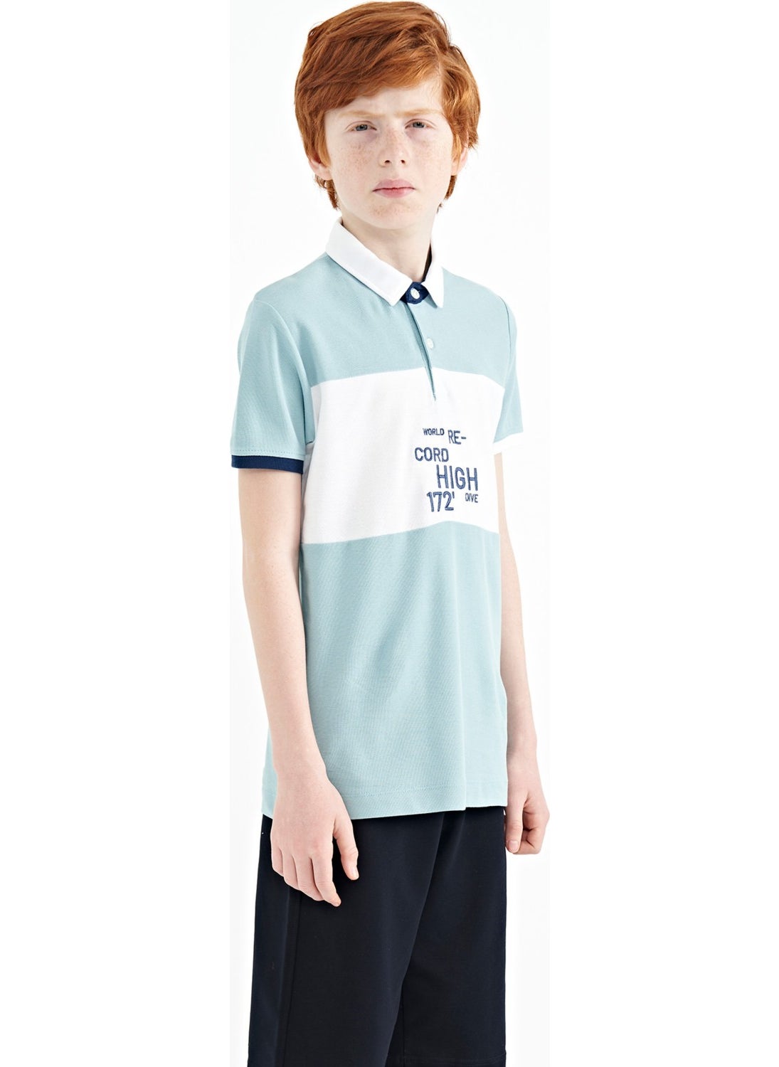 Light Blue Color Transitional Embroidery Detailed Standard Pattern Polo Collar Boy T-Shirt - 11110