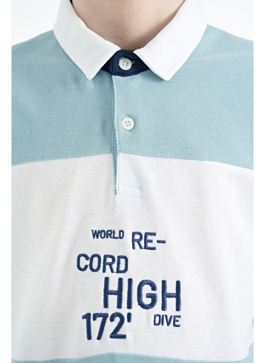 Light Blue Color Transitional Embroidery Detailed Standard Pattern Polo Collar Boy T-Shirt - 11110