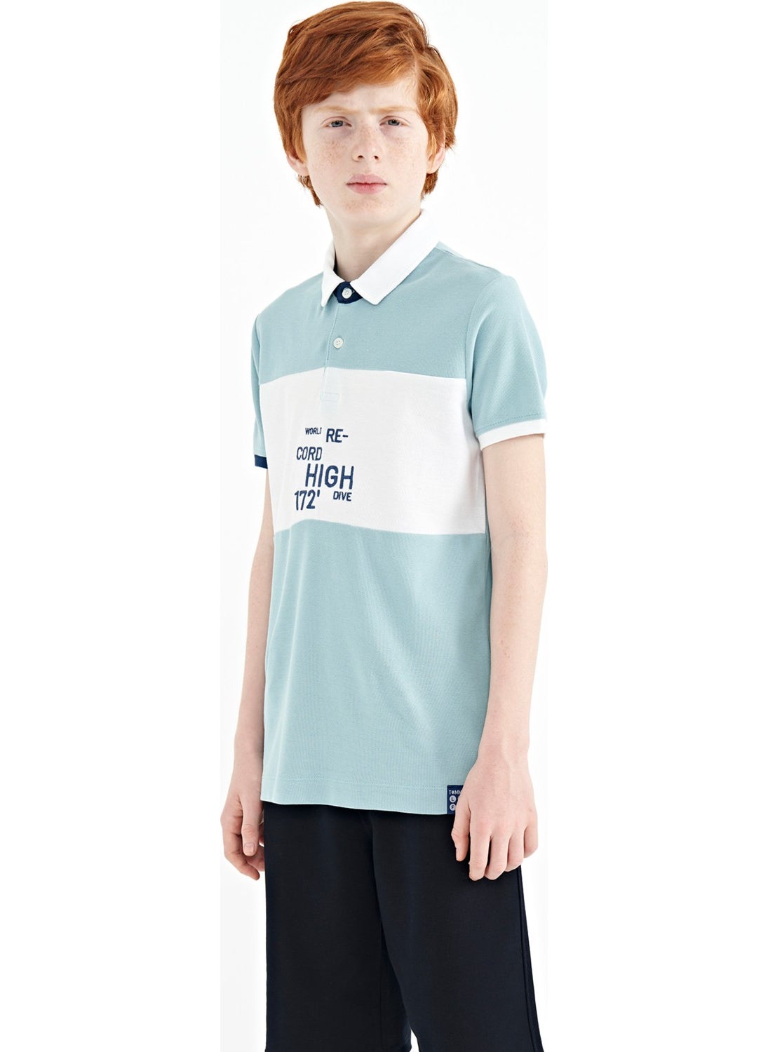 Light Blue Color Transitional Embroidery Detailed Standard Pattern Polo Collar Boy T-Shirt - 11110