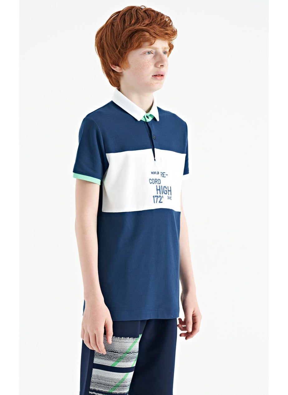 Indigo Color Transitional Embroidery Detailed Standard Pattern Polo Collar Boy's T-Shirt - 11110