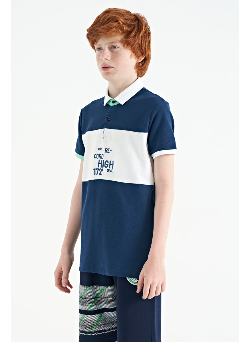 Indigo Color Transitional Embroidery Detailed Standard Pattern Polo Collar Boy's T-Shirt - 11110
