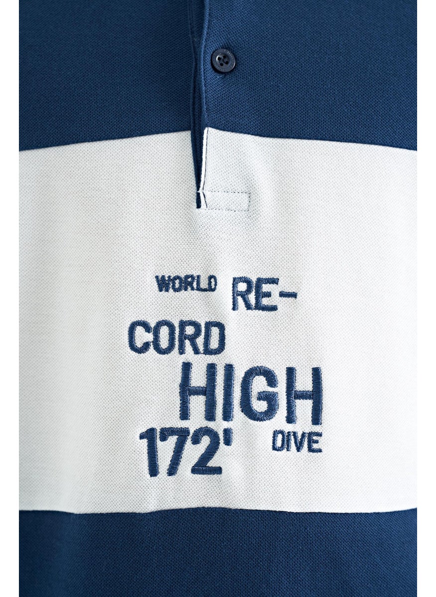 Indigo Color Transitional Embroidery Detailed Standard Pattern Polo Collar Boy's T-Shirt - 11110