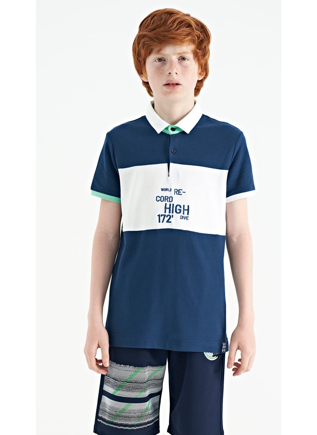 Indigo Color Transitional Embroidery Detailed Standard Pattern Polo Collar Boy's T-Shirt - 11110