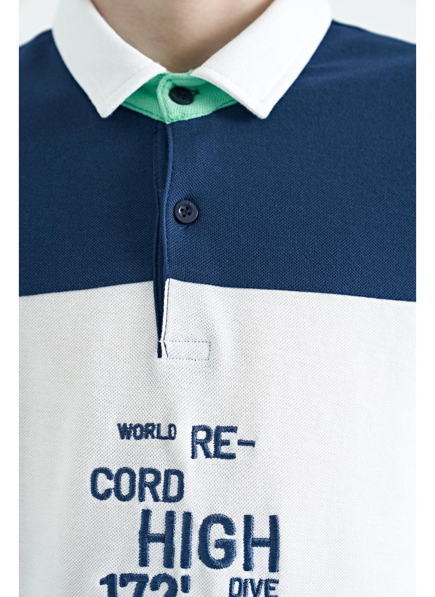 Indigo Color Transitional Embroidery Detailed Standard Pattern Polo Collar Boy's T-Shirt - 11110