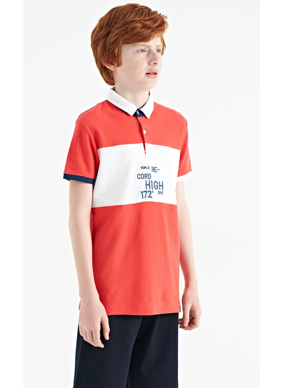 Coral Color Transitional Embroidery Detailed Standard Pattern Polo Collar Boy T-Shirt - 11110