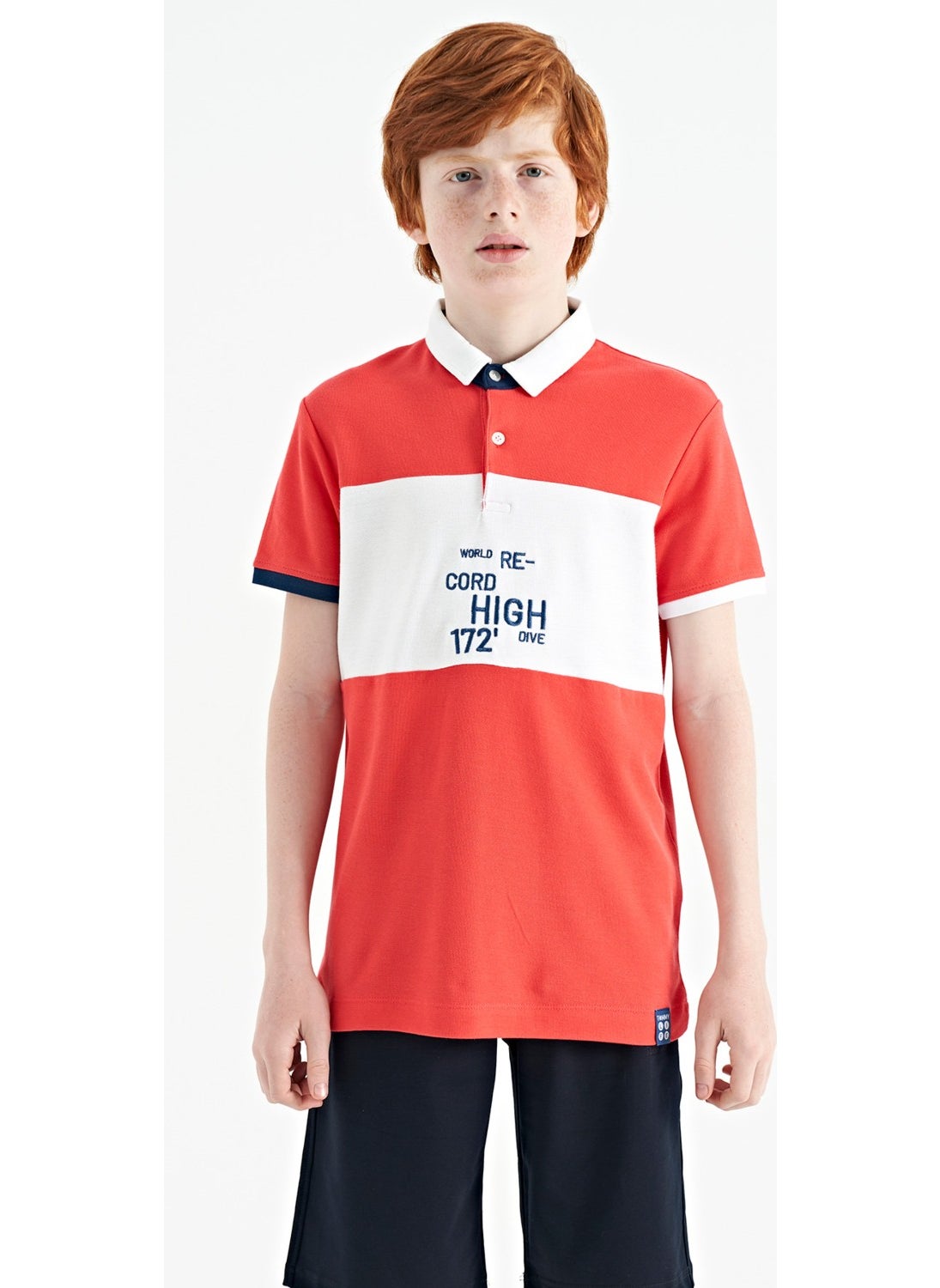 Coral Color Transitional Embroidery Detailed Standard Pattern Polo Collar Boy T-Shirt - 11110