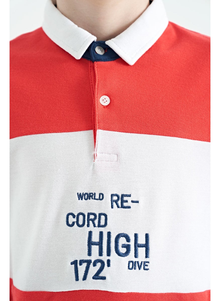 Coral Color Transitional Embroidery Detailed Standard Pattern Polo Collar Boy T-Shirt - 11110