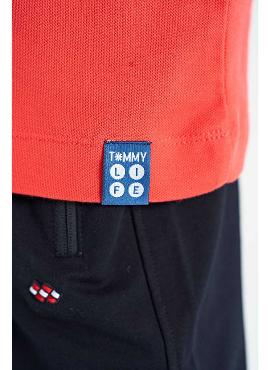 Coral Color Transitional Embroidery Detailed Standard Pattern Polo Collar Boy T-Shirt - 11110