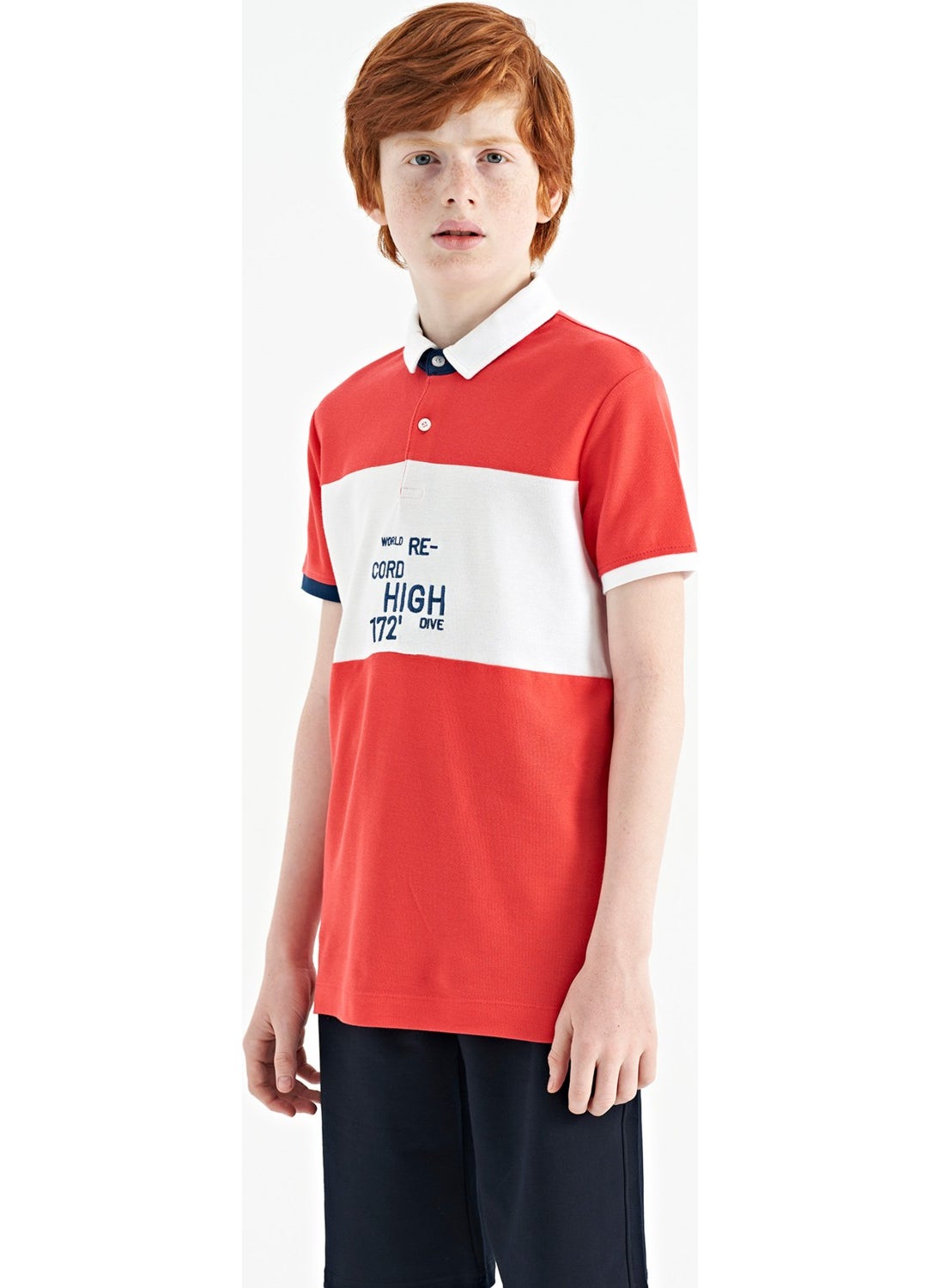 Coral Color Transitional Embroidery Detailed Standard Pattern Polo Collar Boy T-Shirt - 11110