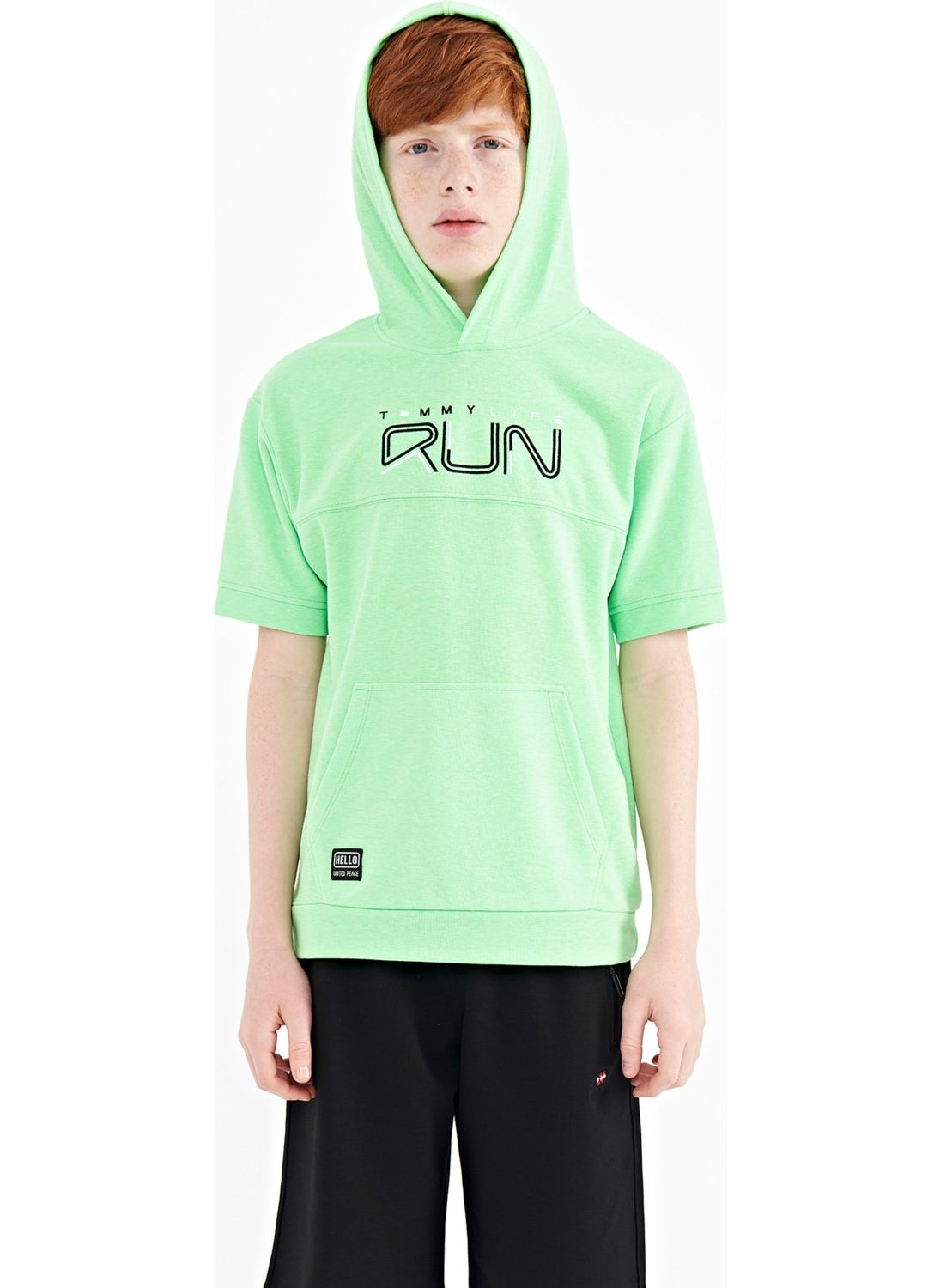 Neon Green Kangaroo Pocket Hooded Oversize Boy T-Shirt - 11160