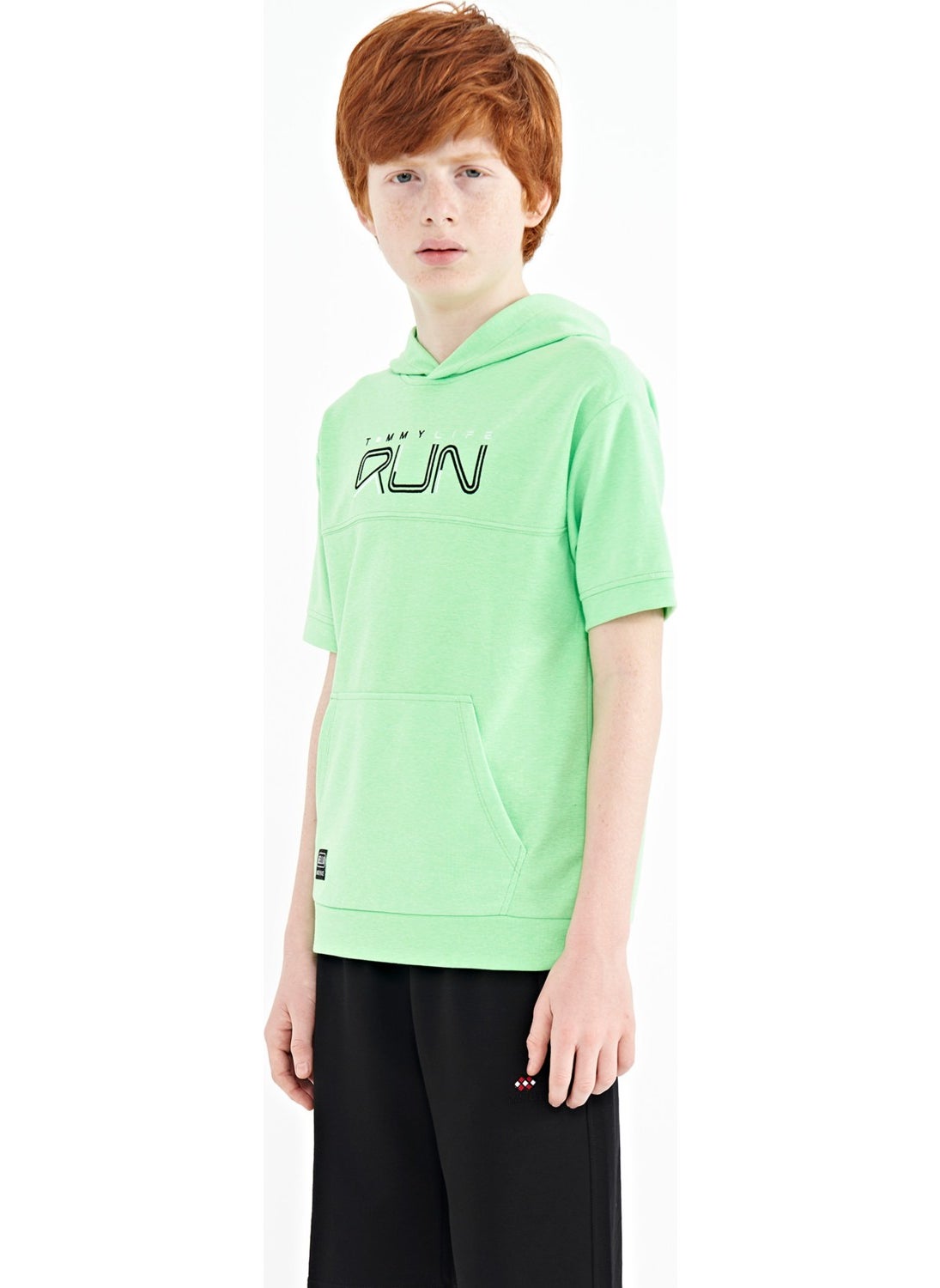 Neon Green Kangaroo Pocket Hooded Oversize Boy T-Shirt - 11160