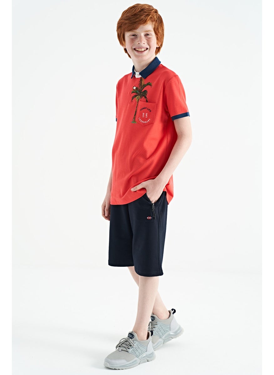 Coral Printed Pocket Detailed Standard Size Polo Collar Boy T-Shirt - 11144