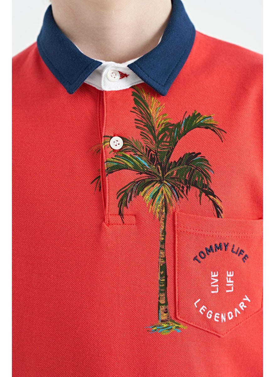 Coral Printed Pocket Detailed Standard Size Polo Collar Boy T-Shirt - 11144