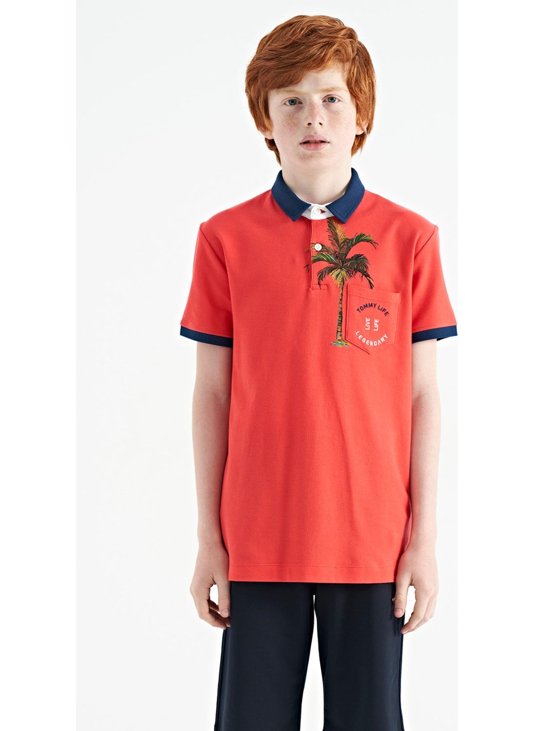 Coral Printed Pocket Detailed Standard Size Polo Collar Boy T-Shirt - 11144