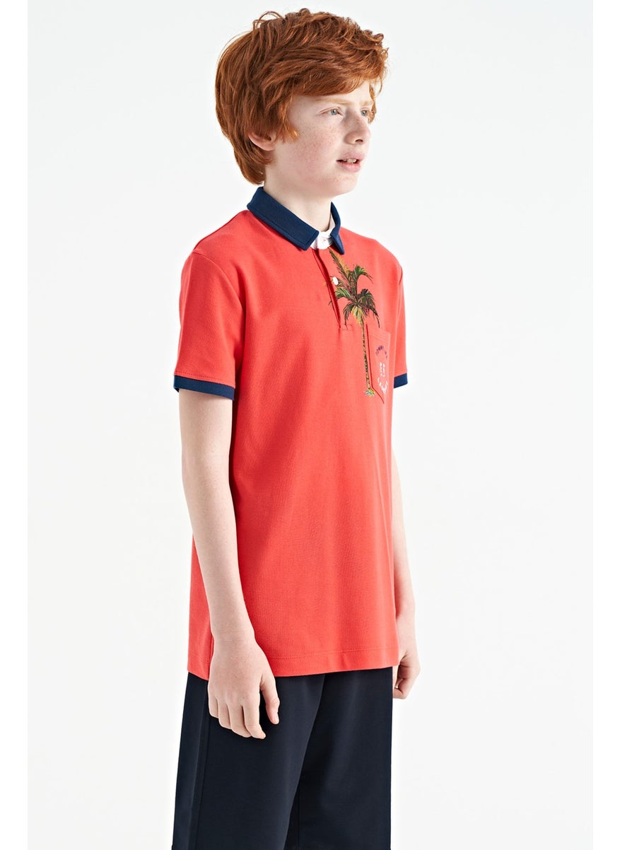 Coral Printed Pocket Detailed Standard Size Polo Collar Boy T-Shirt - 11144