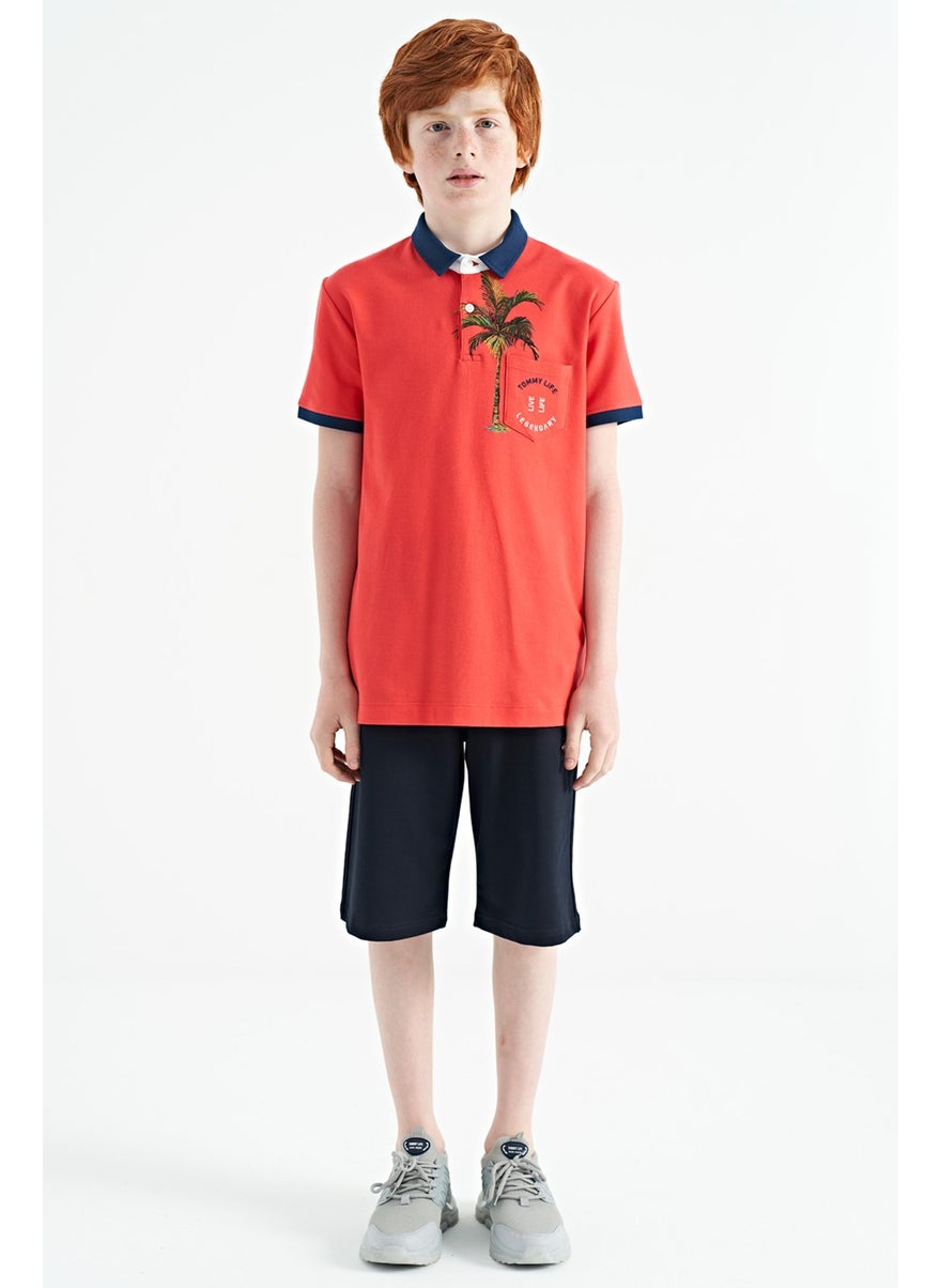 Coral Printed Pocket Detailed Standard Size Polo Collar Boy T-Shirt - 11144