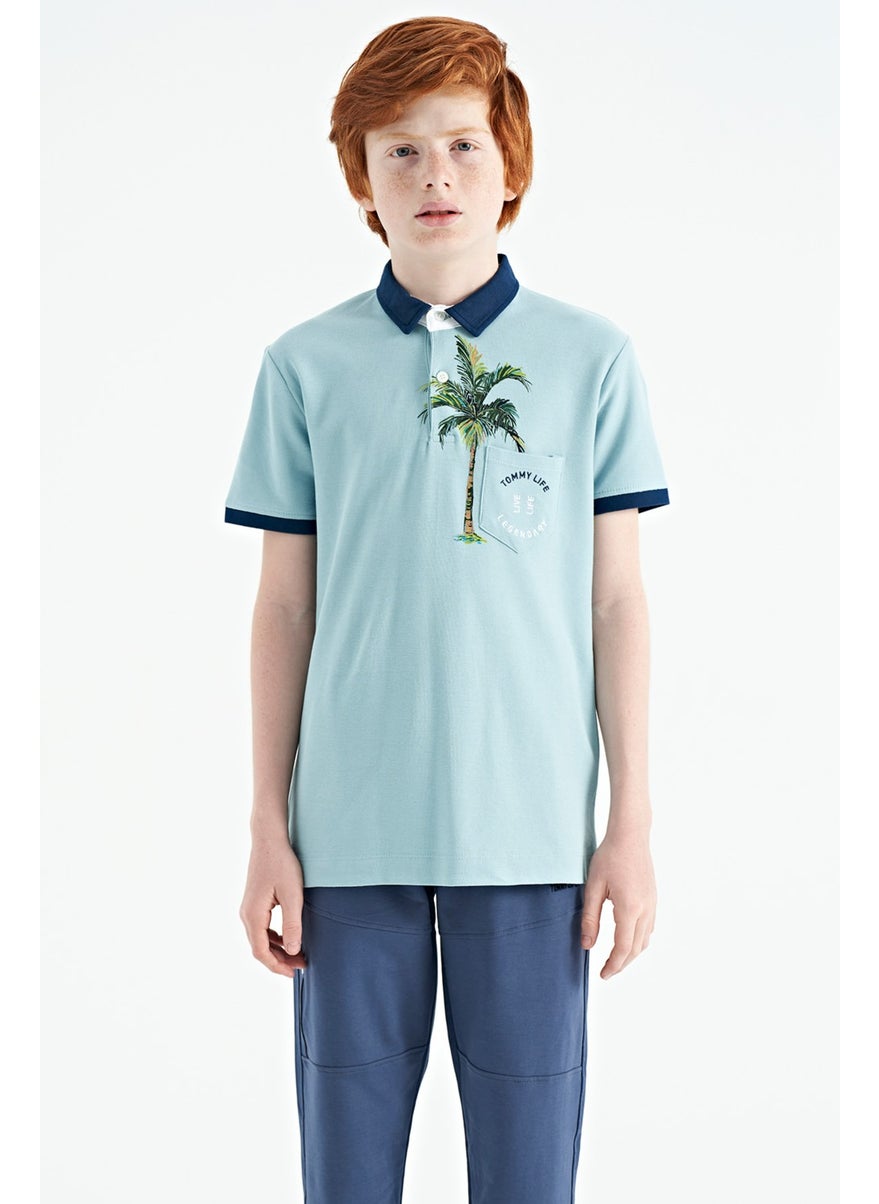 Light Blue Printed Pocket Detailed Standard Size Polo Collar Boy's T-Shirt - 11144