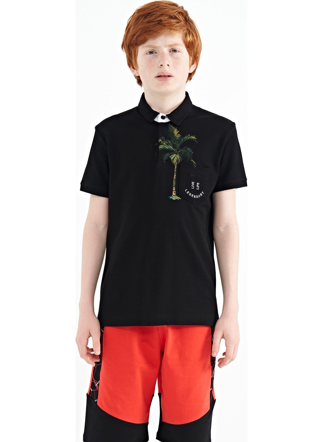Black Printed Pocket Detailed Standard Size Polo Collar Boy T-Shirt - 11144
