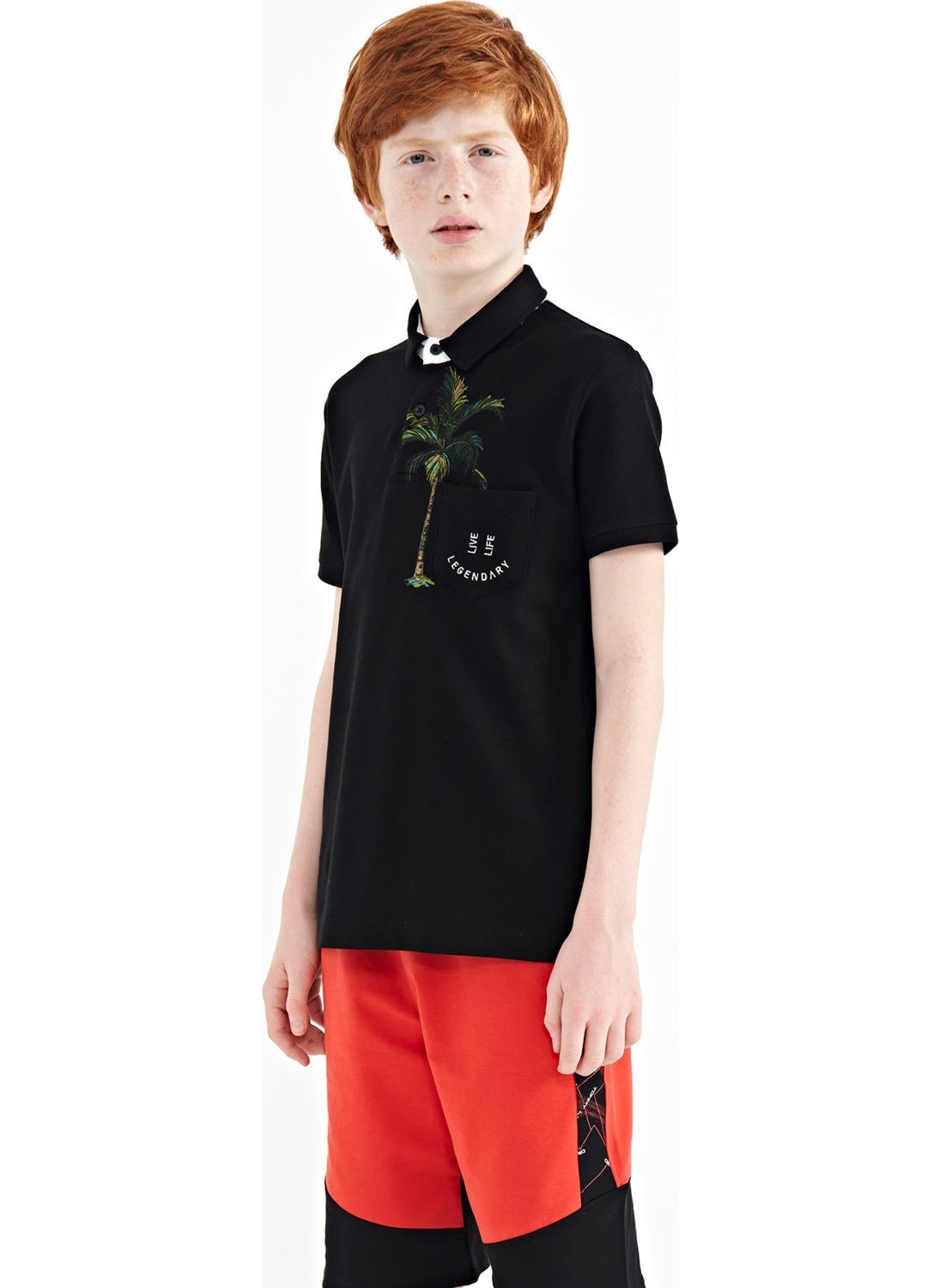 Black Printed Pocket Detailed Standard Size Polo Collar Boy T-Shirt - 11144