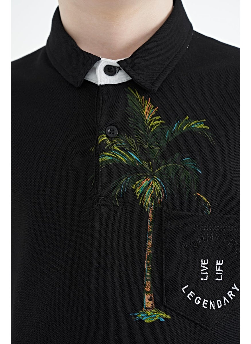 Black Printed Pocket Detailed Standard Size Polo Collar Boy T-Shirt - 11144