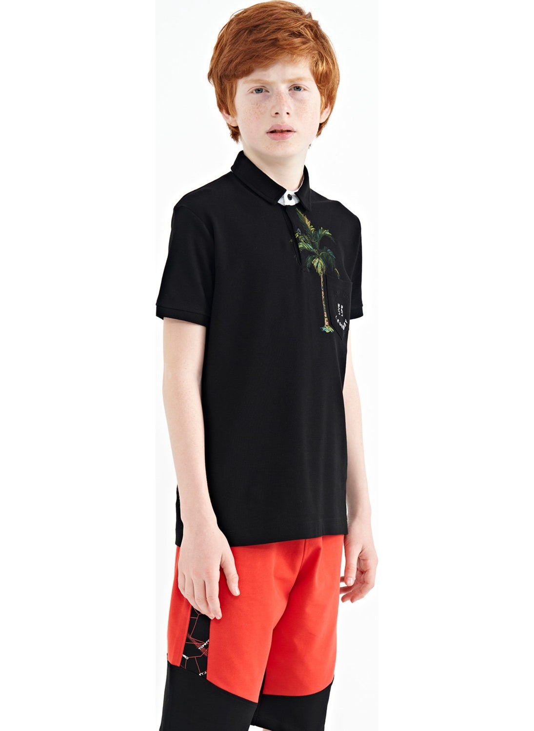 Black Printed Pocket Detailed Standard Size Polo Collar Boy T-Shirt - 11144