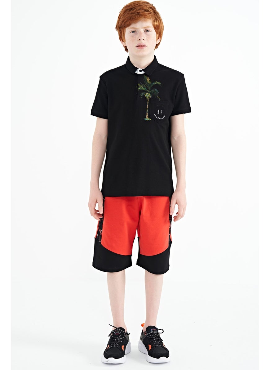 Black Printed Pocket Detailed Standard Size Polo Collar Boy T-Shirt - 11144