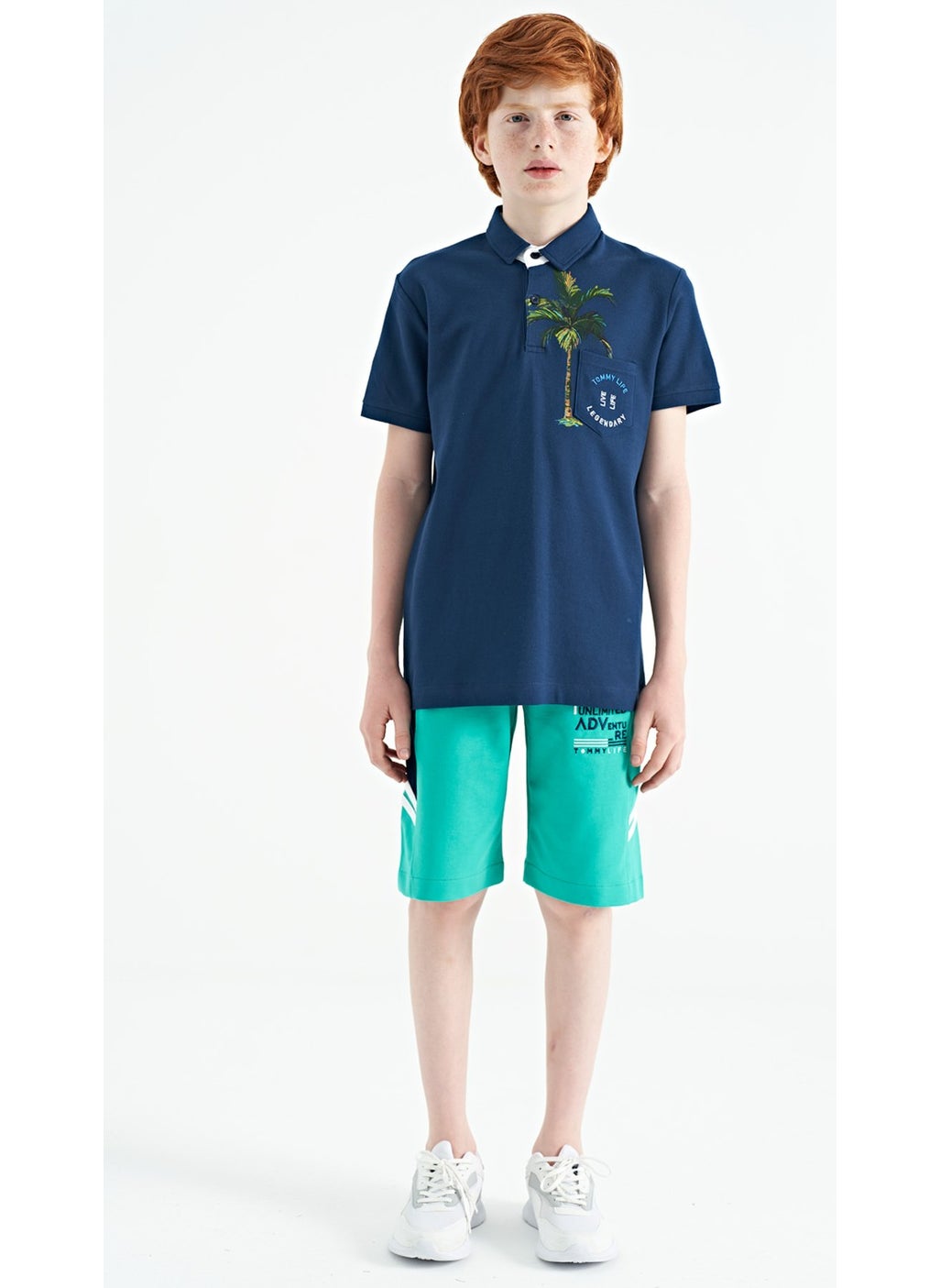 Indigo Printed Pocket Detailed Standard Size Polo Collar Boy T-Shirt - 11144