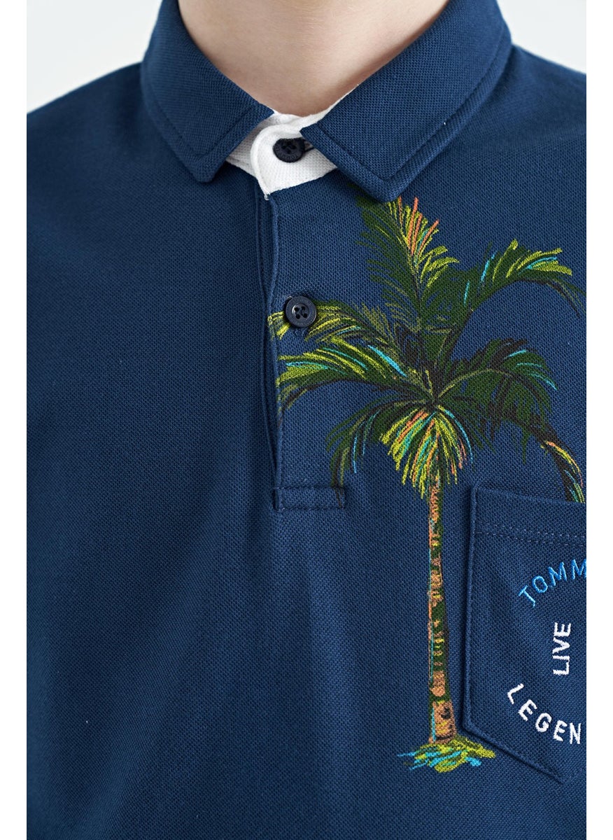 Indigo Printed Pocket Detailed Standard Size Polo Collar Boy T-Shirt - 11144