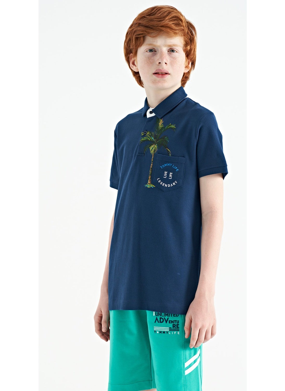 Indigo Printed Pocket Detailed Standard Size Polo Collar Boy T-Shirt - 11144