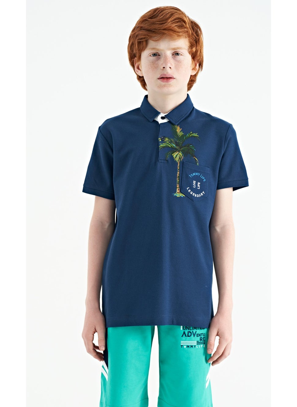 Indigo Printed Pocket Detailed Standard Size Polo Collar Boy T-Shirt - 11144