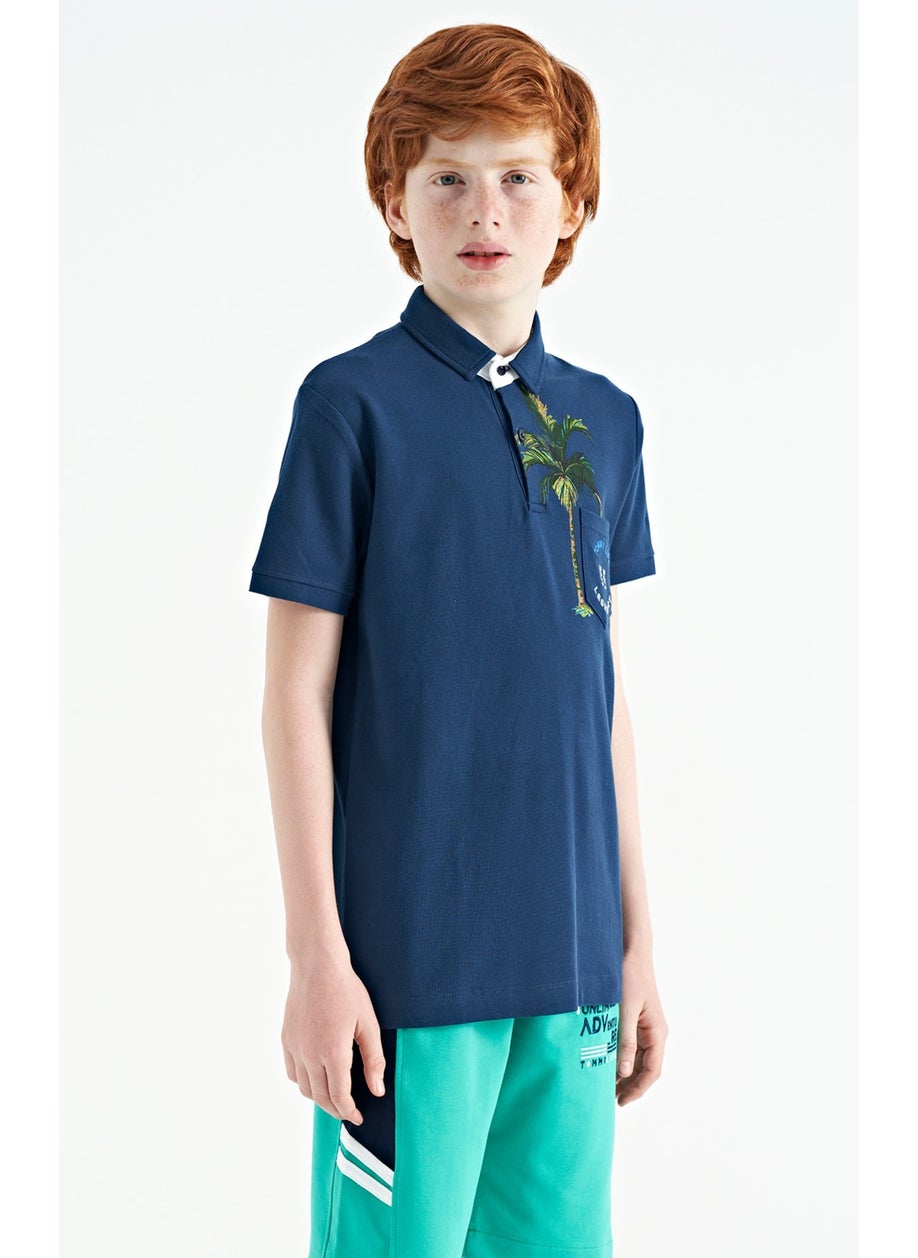 Indigo Printed Pocket Detailed Standard Size Polo Collar Boy T-Shirt - 11144