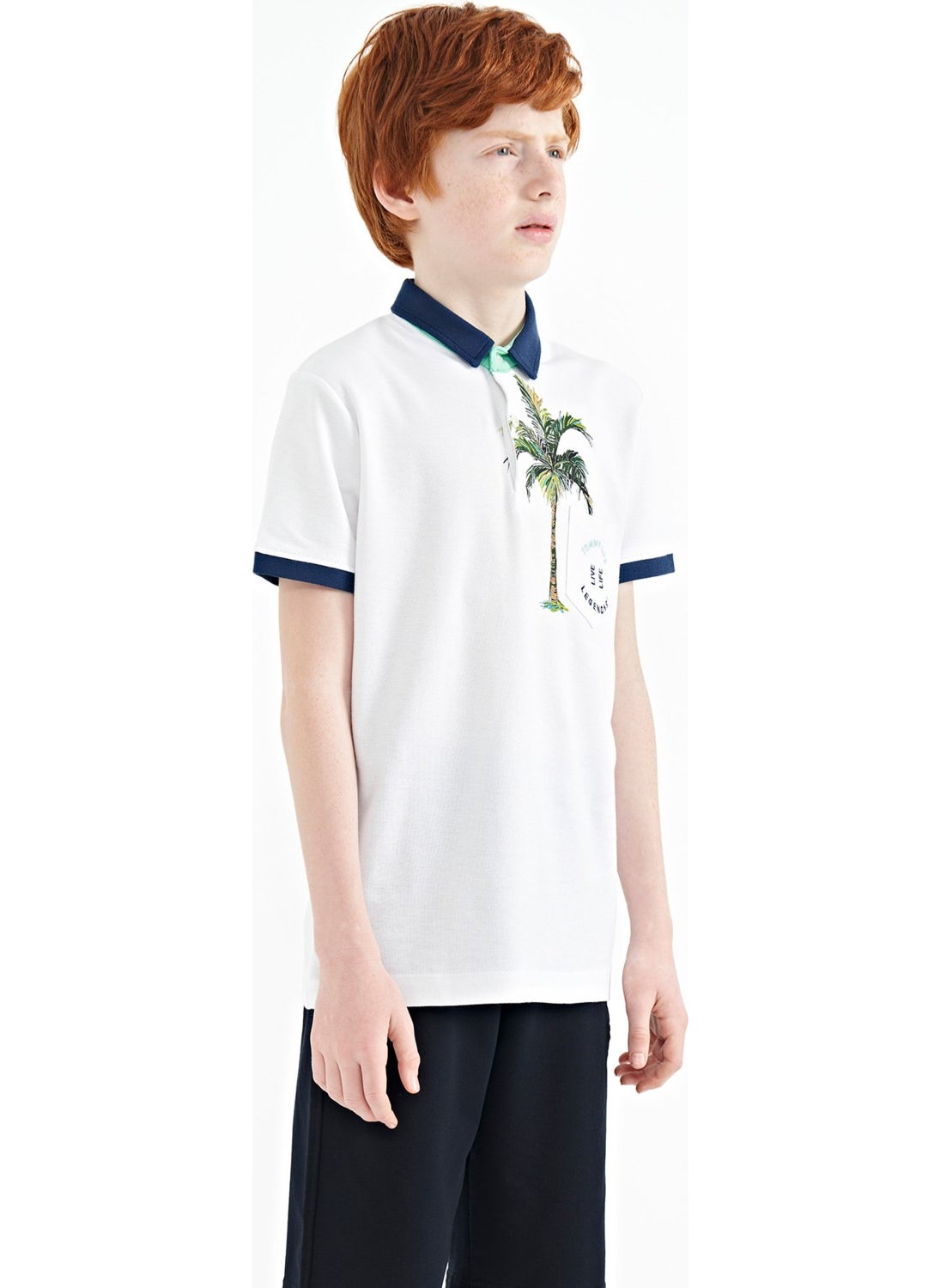 White Printed Pocket Detailed Standard Size Polo Collar Boy T-Shirt - 11144