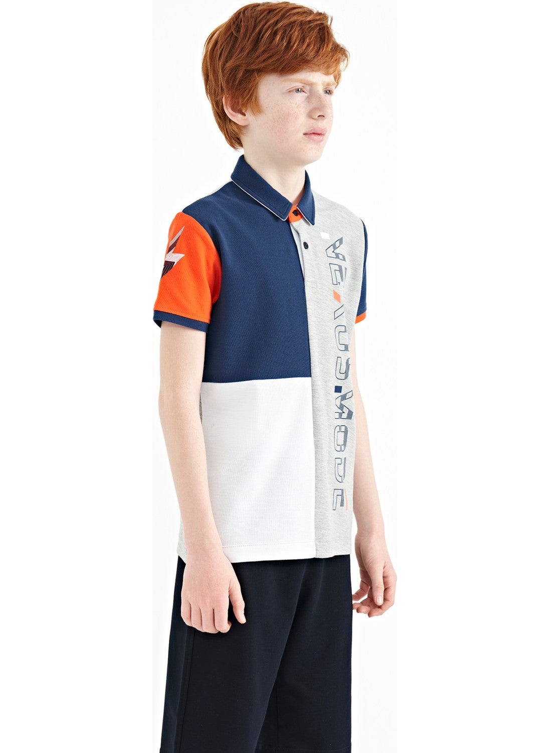 Gray Melange Color Block Print Detailed Standard Size Polo Collar Boy T-Shirt - 11112
