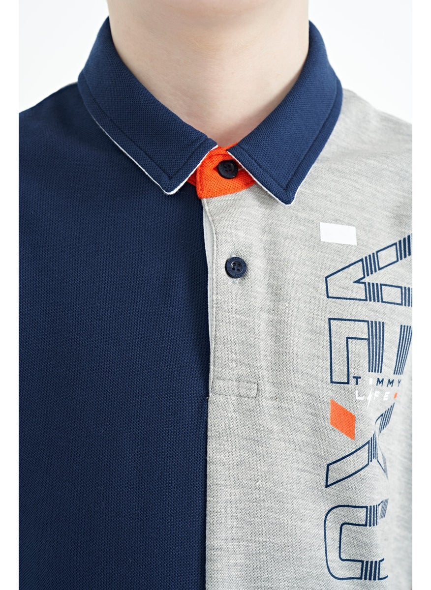 Gray Melange Color Block Print Detailed Standard Size Polo Collar Boy T-Shirt - 11112