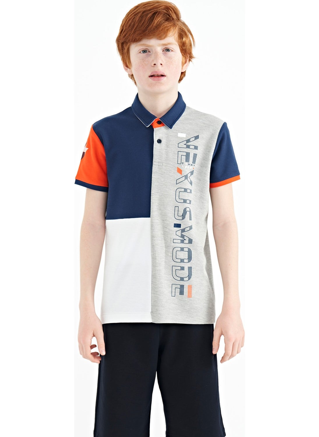 Gray Melange Color Block Print Detailed Standard Size Polo Collar Boy T-Shirt - 11112