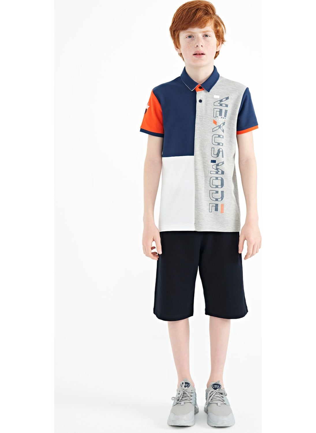 Gray Melange Color Block Print Detailed Standard Size Polo Collar Boy T-Shirt - 11112