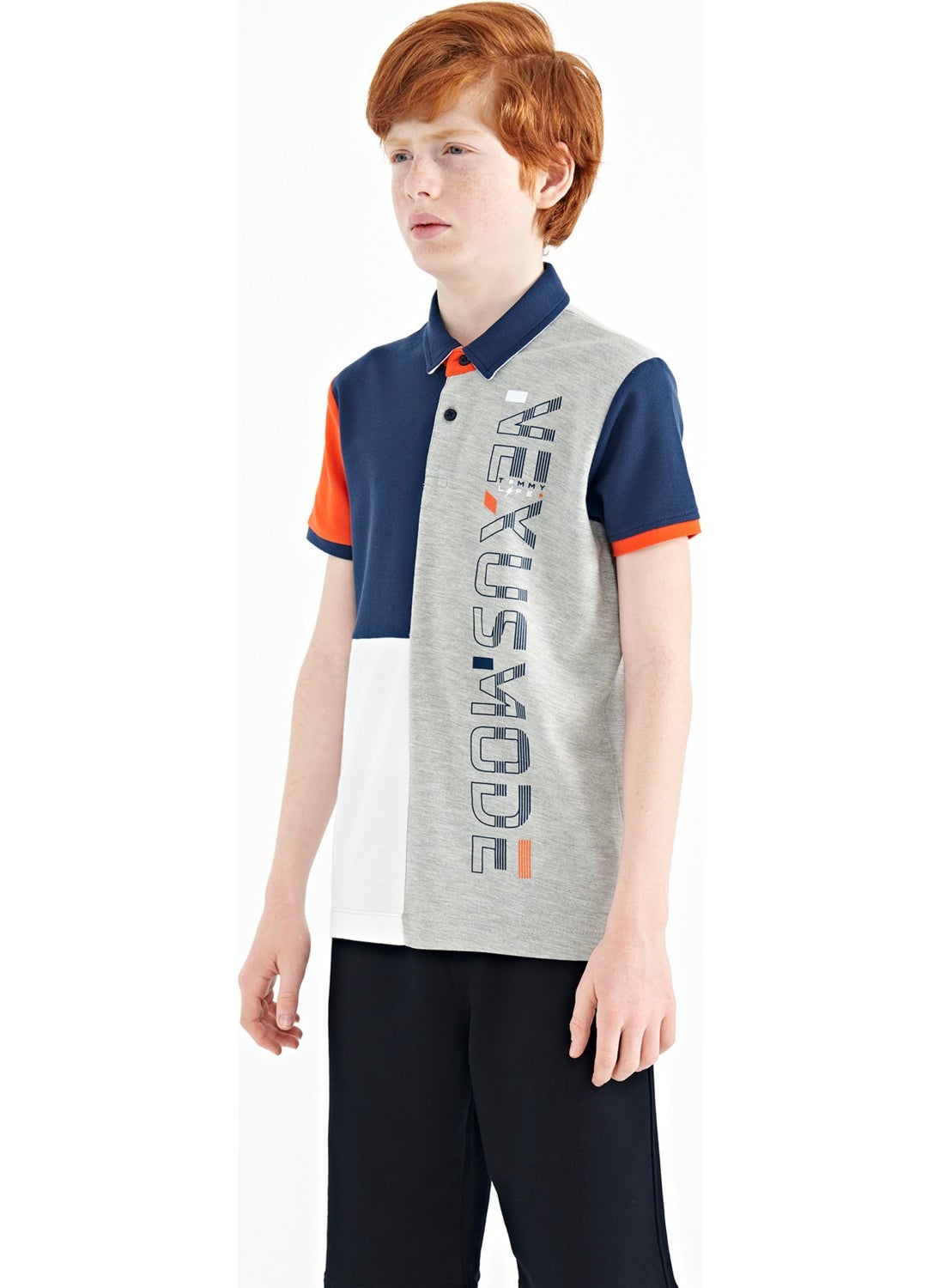 Gray Melange Color Block Print Detailed Standard Size Polo Collar Boy T-Shirt - 11112
