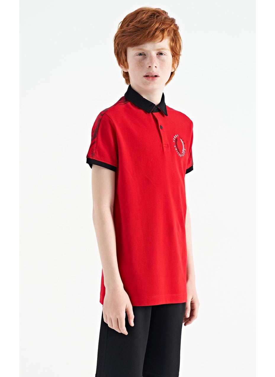 Red Print Detailed Pola Collar Standard Pattern Boys T-Shirt - 11166